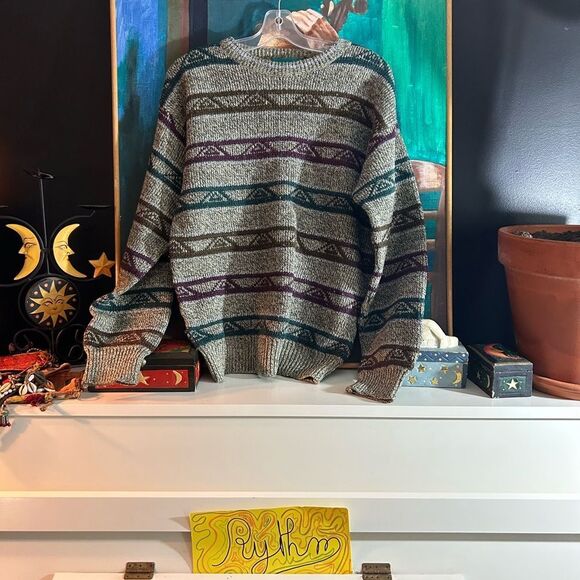 Vintage 90s Striped Knit Sweater in Gray and Purple M - Picture 3 of 16